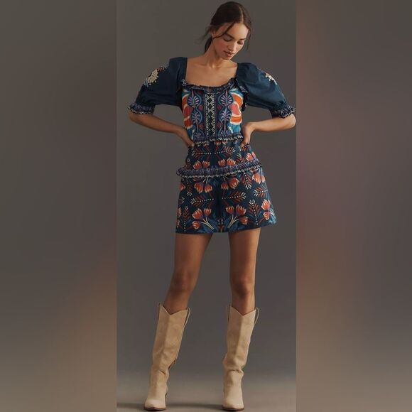 NWT Farm Rio x Anthropologie Puff-Sleeve Ruffled Floral Romper - Picture 1 of 4